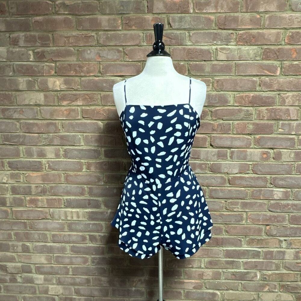 She + Sky Women’s Navy & White Spaghetti Strap Tie Back Romper Sz Large